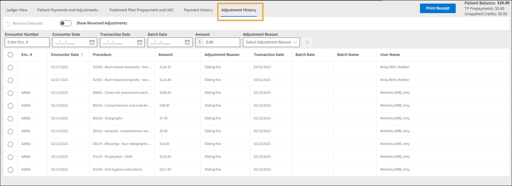 Adjustment History tab with a yellow highlight box around it showing a patients adjustment history.